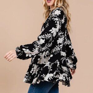 Long Sleeve Floral Drop WaistTunic Blouse Black